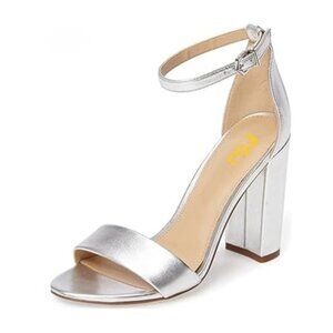 FSJ Silver Chunky High Heel Sandals Open Toe Ankle Strap Single Band Shoes